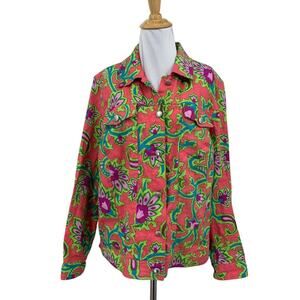 Lucy & Laurel Shirt Womens 1X Plus Bright Floral Linen Button Front Long Sleeve